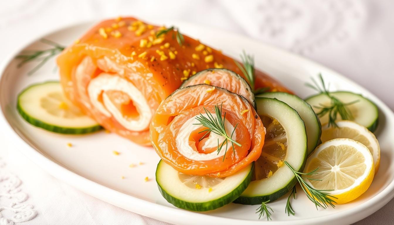 chatelaine smoked salmon roll on cucumber