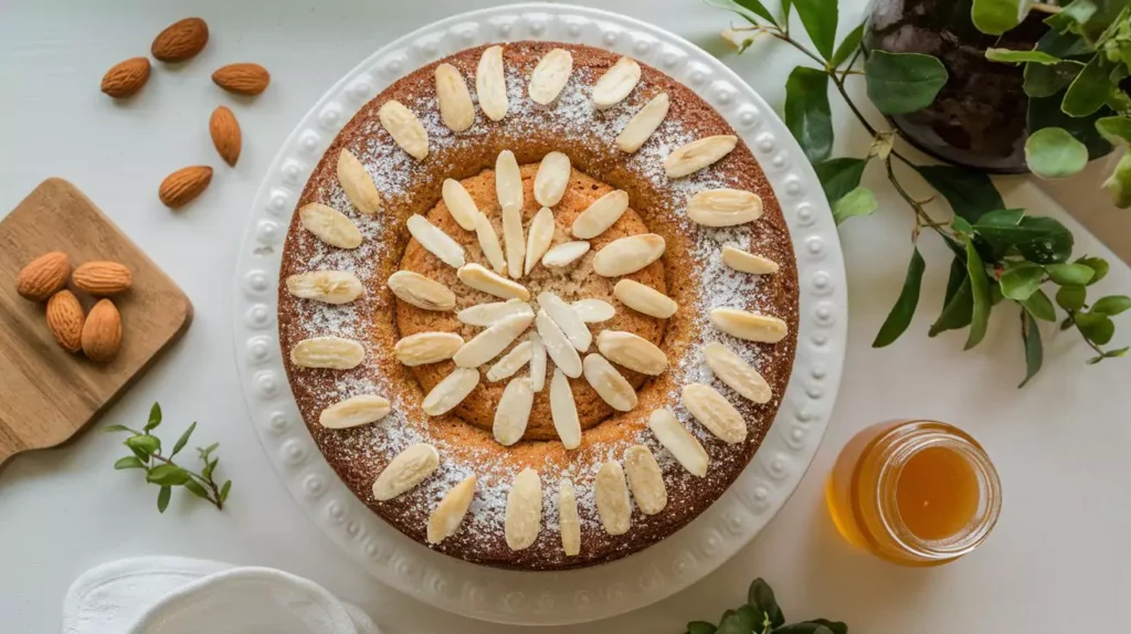 an overhead shot of a whole almond nut cake on a w fborv2fotickso3jjzgu2a cdwalikxrzcd5zgtgfryqq 6733c5155de26