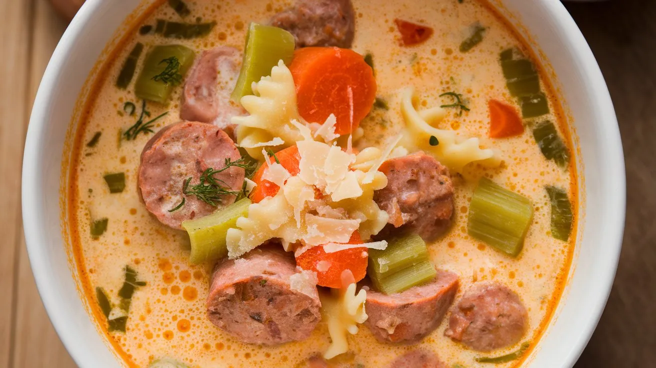 A warm bowl of creamy Parmesan Italian sausage soup, garnished with fresh herbs, served with a slice of crusty bread.