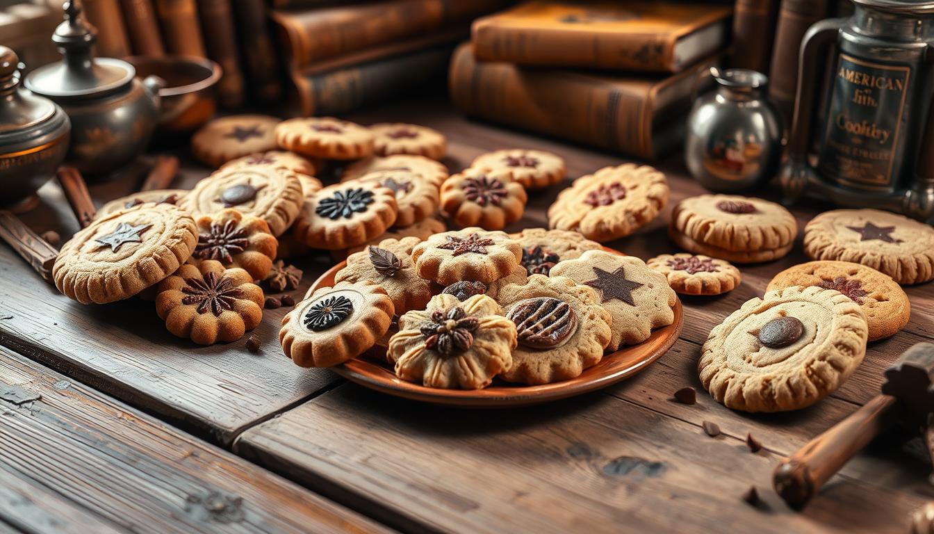 Vintage American Cookery 1796 cookies on a rustic wooden table.