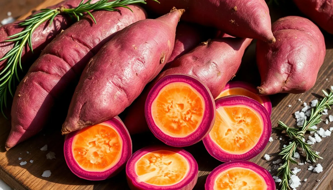 Fresh Murasaki Sweet Potato on Wooden Table