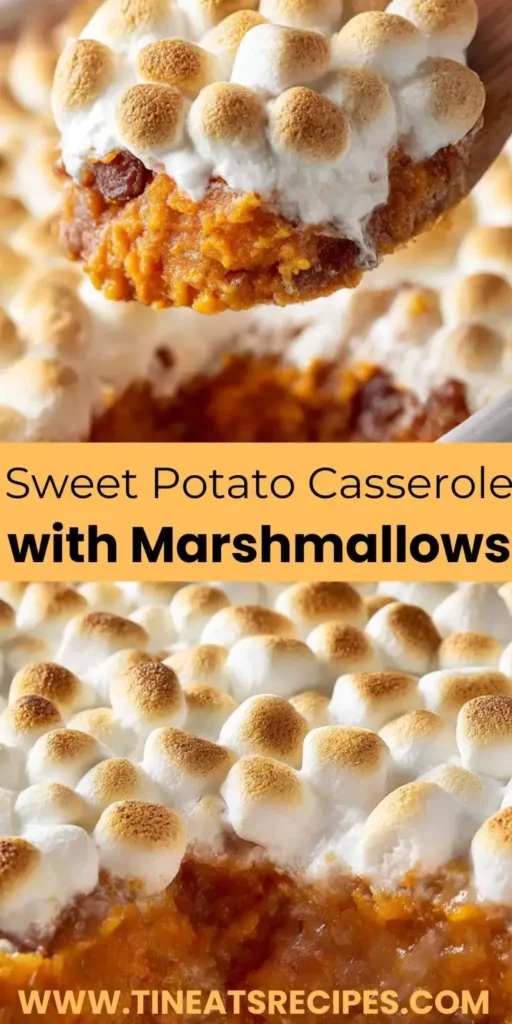 Golden brown sweet potato casserole topped with toasted mini marshmallows in a baking dish, a classic holiday side dish.