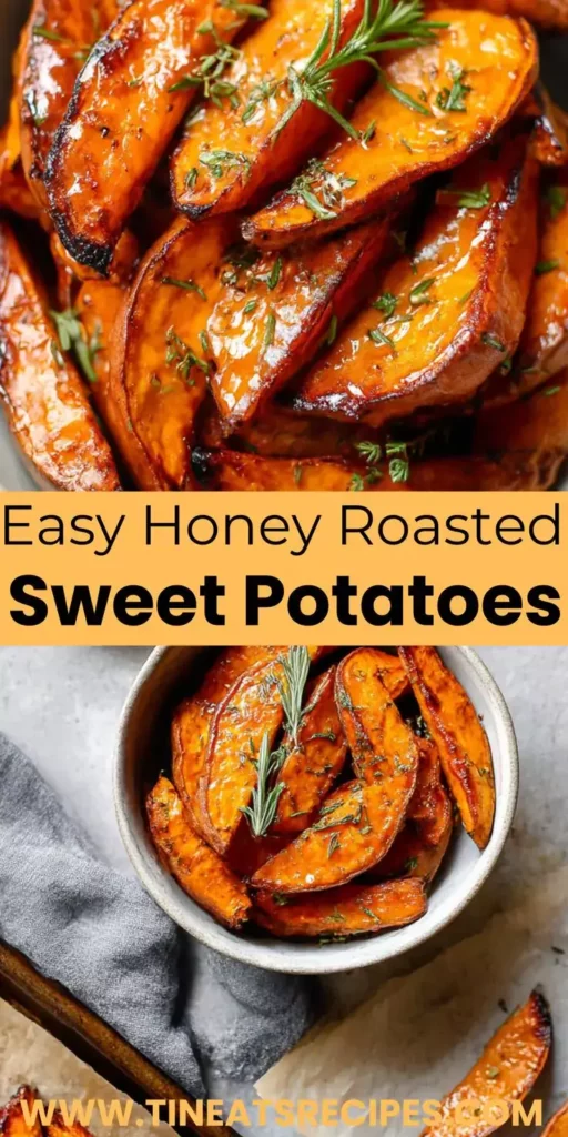 Easy honey roasted sweet potato wedges with caramelized edges, garnished with fresh herbs and served in a bowl.
