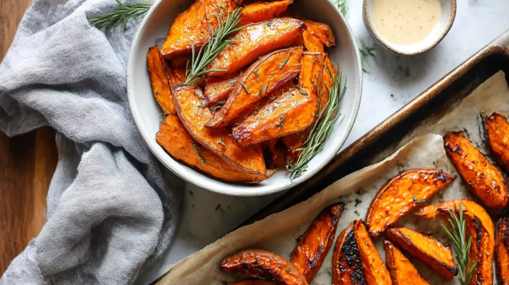 Serving bowl of honey roasted sweet potato wedges with caramelized edges, fresh herbs, and a dipping sauce on the side.