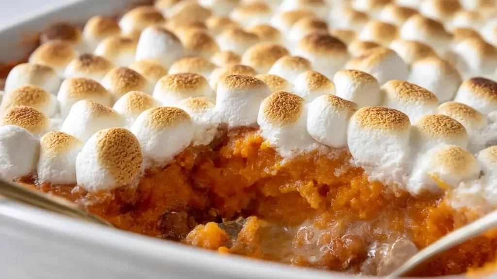 Close-up of baked sweet potato casserole topped with golden toasted mini marshmallows in a white dish.