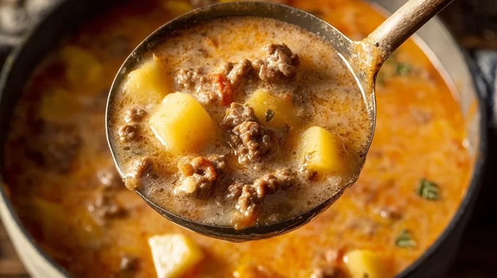 Bowl of cheesy beef and potato soup garnished with herbs and cheese