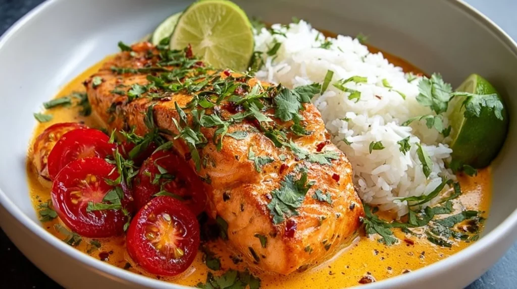 One-Pan Coconut Curry Salmon with Garlic Butter served in a vibrant dish