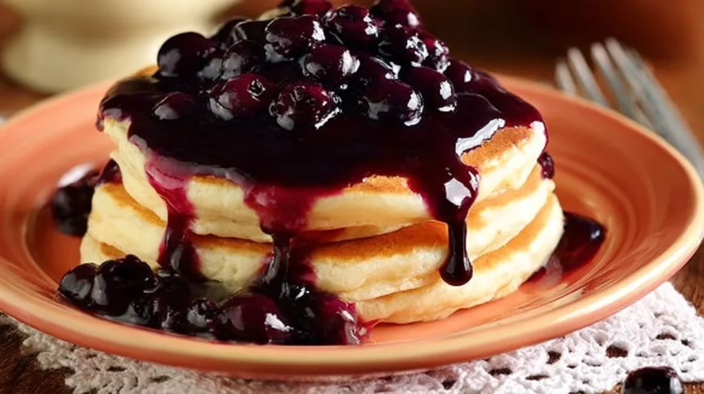 Homemade blueberry syrup in a jar, ready to drizzle over pancakes.