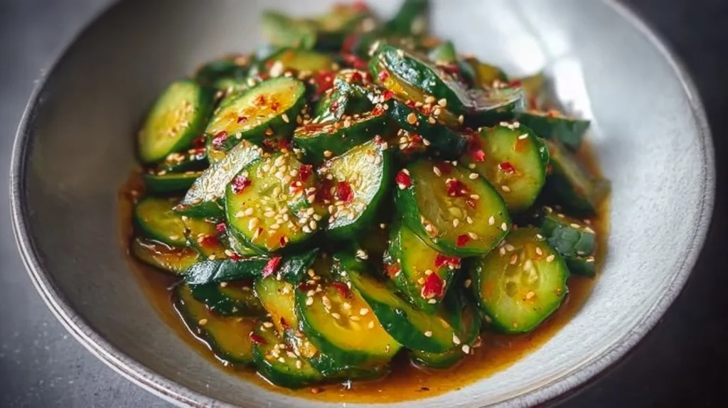 Bowl of Asian cucumber salad with sesame dressing and fresh herbs