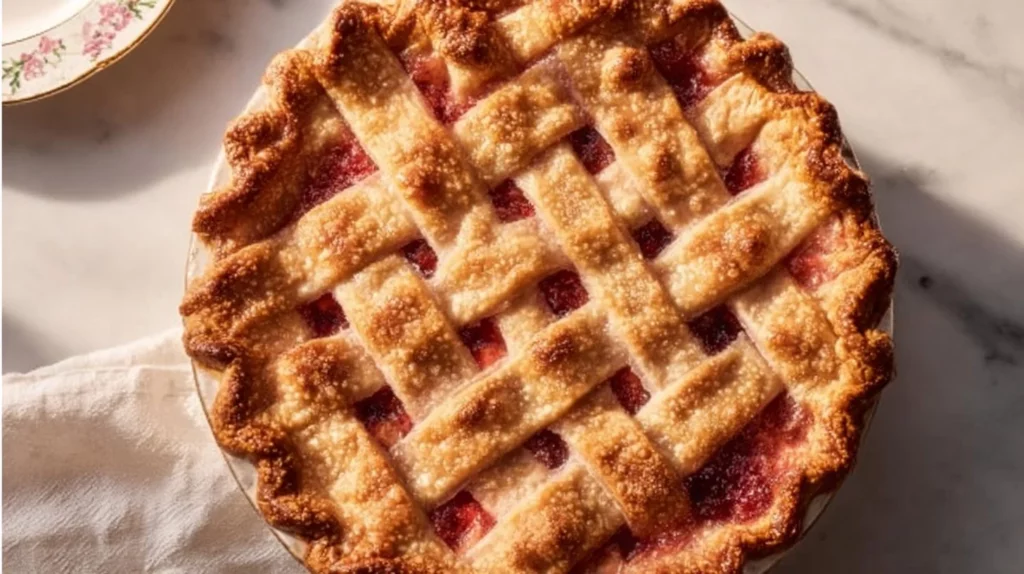 Delicious homemade strawberry rhubarb pie fresh from the oven