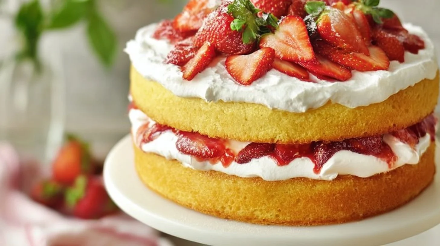 Delicious strawberry shortcake cake topped with fresh strawberries and whipped cream.