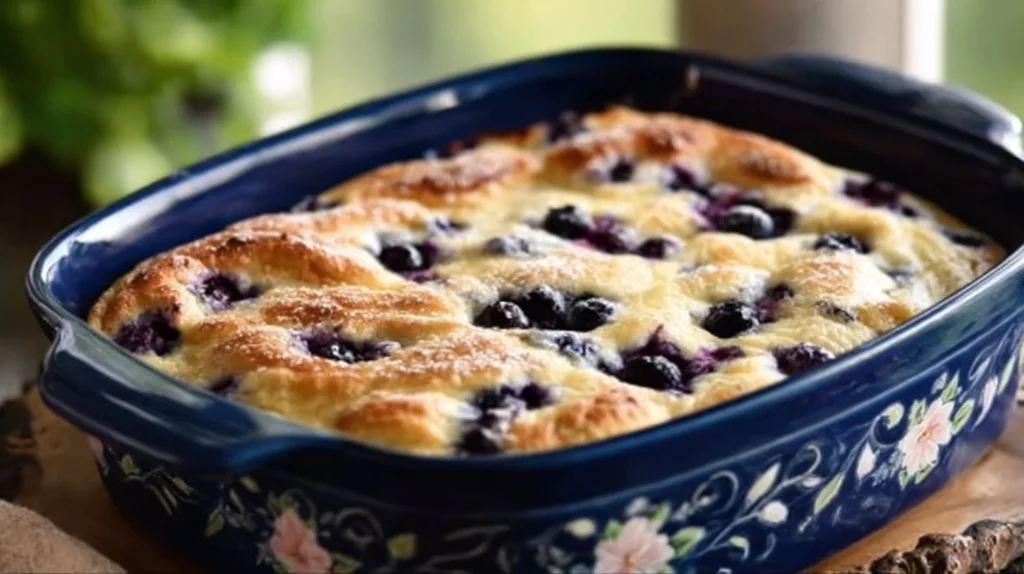 Blueberry Buttermilk Pancake Casserole served on a plate with fresh blueberries