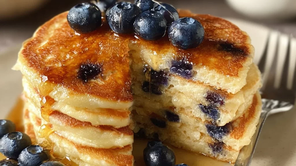 Delicious blueberry pancakes topped with fresh blueberries and syrup