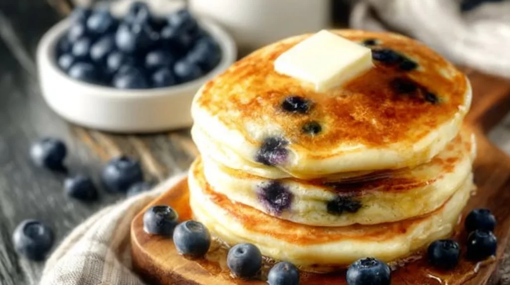 Fluffy blueberry pancakes stacked on a plate with fresh blueberries and syrup