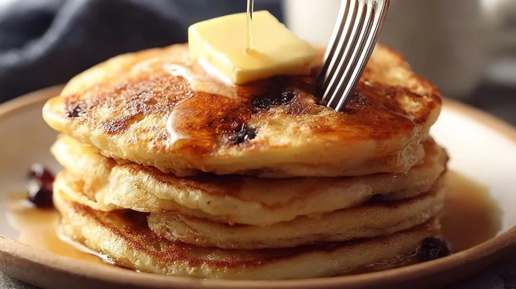 Delicious stack of fluffy blueberry pancakes topped with fresh blueberries and syrup.