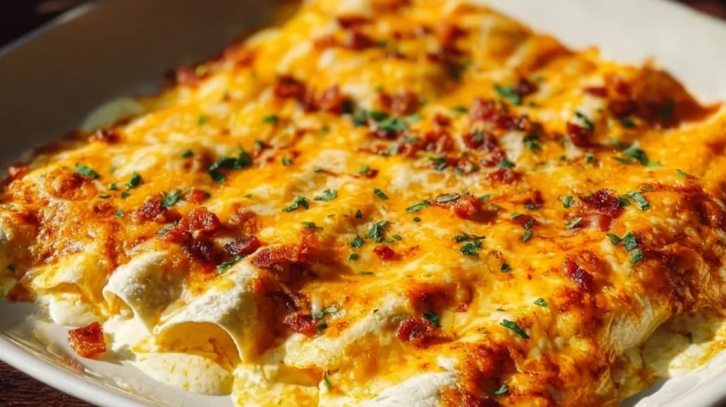 Delicious breakfast enchiladas filled with eggs and topped with cheese and salsa.