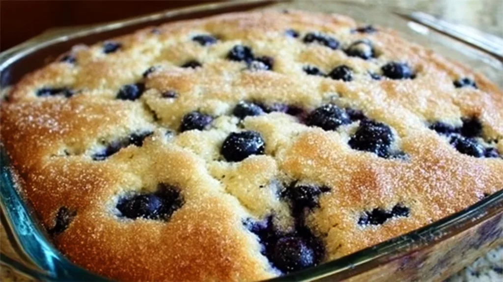 Buttermilk blueberry breakfast cake topped with fresh blueberries