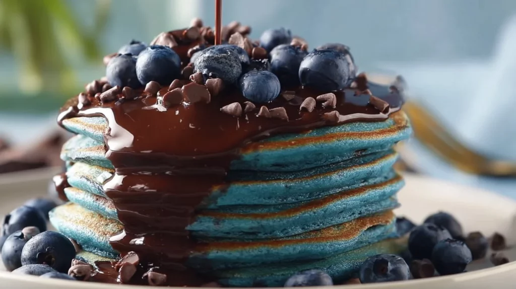 Delicious chocolate blueberry pancakes stacked on a plate with fresh blueberries