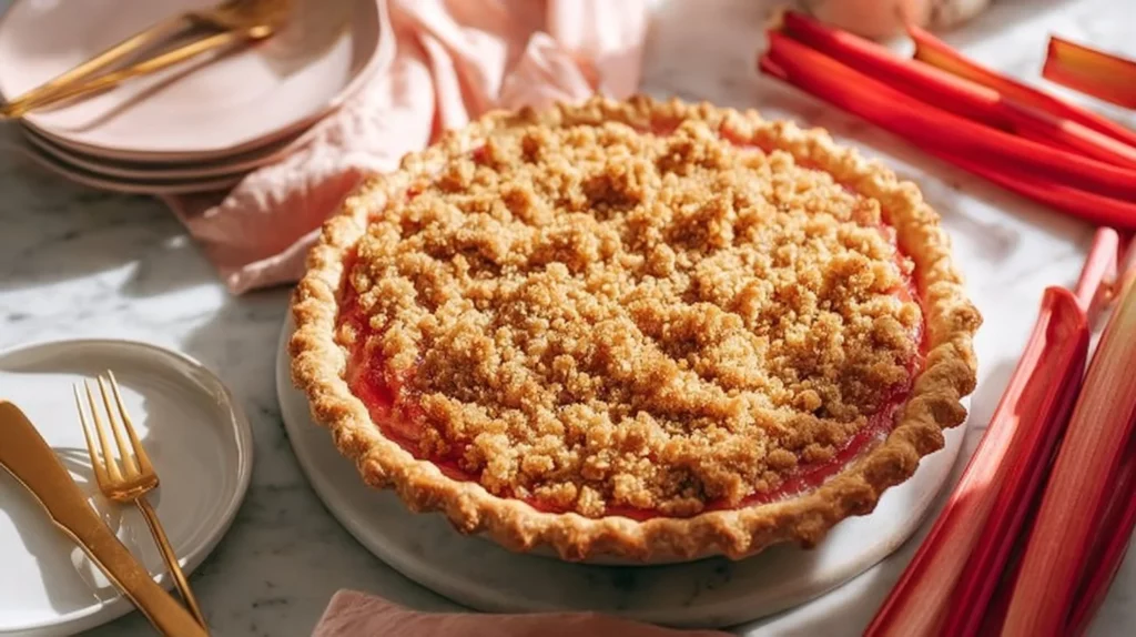 Slice of classic rhubarb pie on a white plate