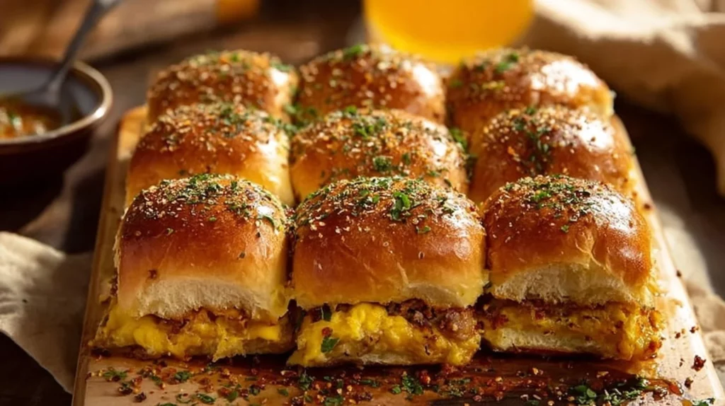 Cowboy breakfast sliders with eggs, sausage, and cheese served on a platter.