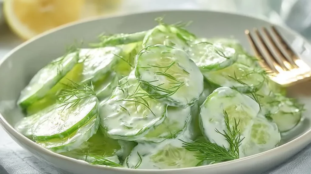 Creamy German cucumber salad in a bowl, garnished with herbs.