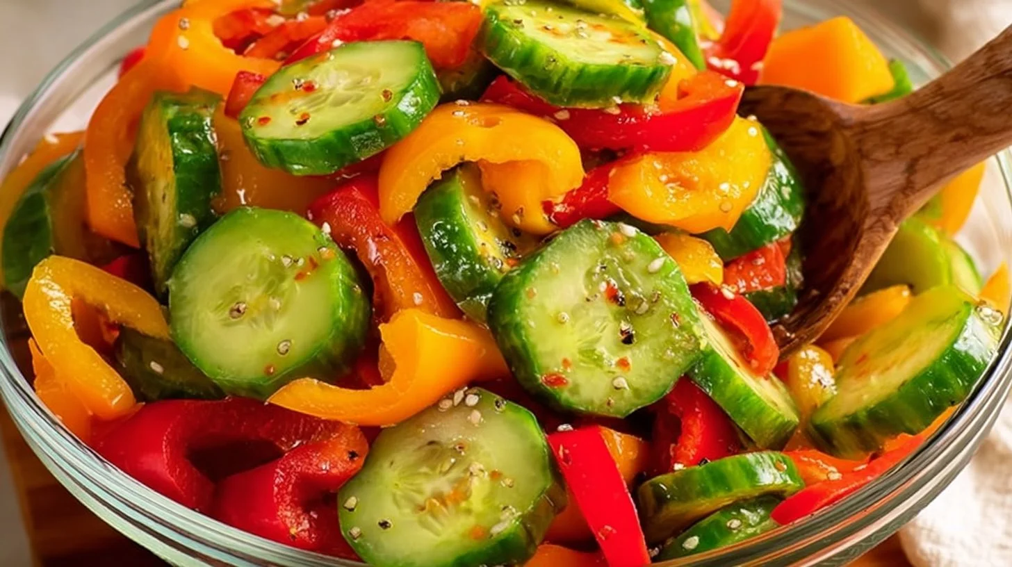 Cucumber and Sweet Pepper Salad served in a bowl, garnished with herbs.