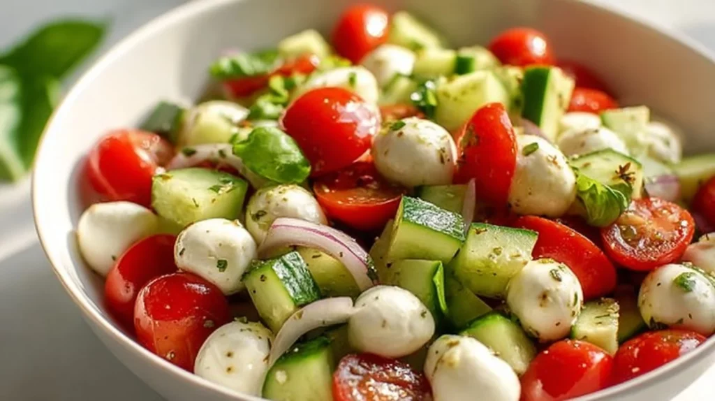 Cucumber Caprese Salad with fresh mozzarella, basil, and cherry tomatoes