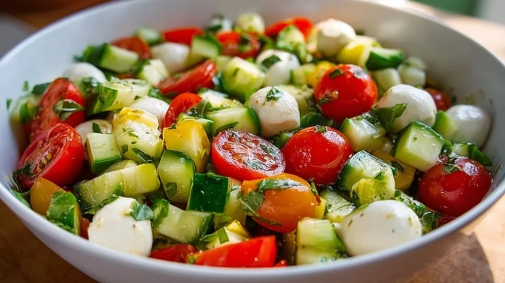 Fresh Cucumber Mozzarella Salad with cherry tomatoes and herbs
