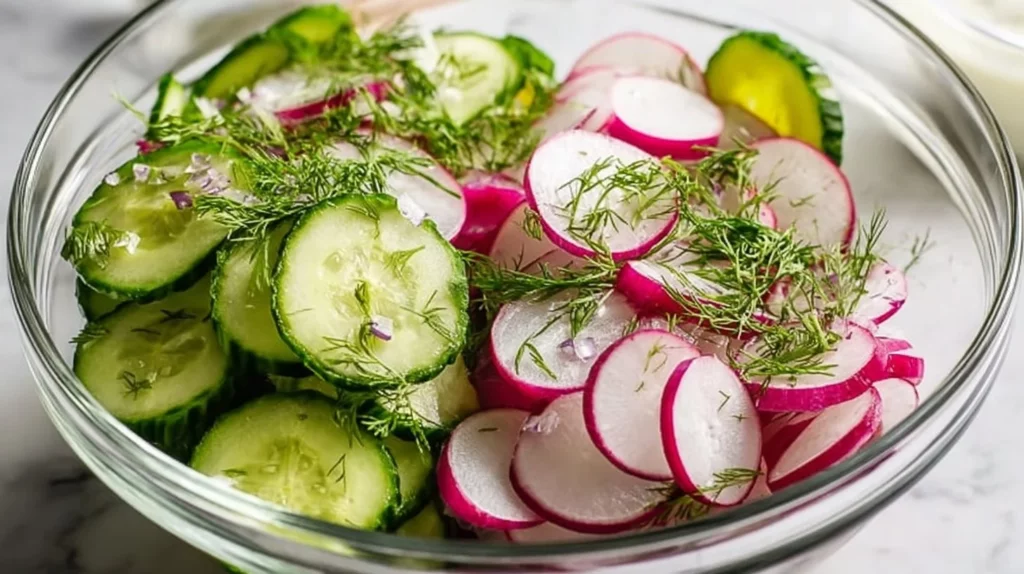 Fresh cucumber radish salad with vibrant vegetables and herbs