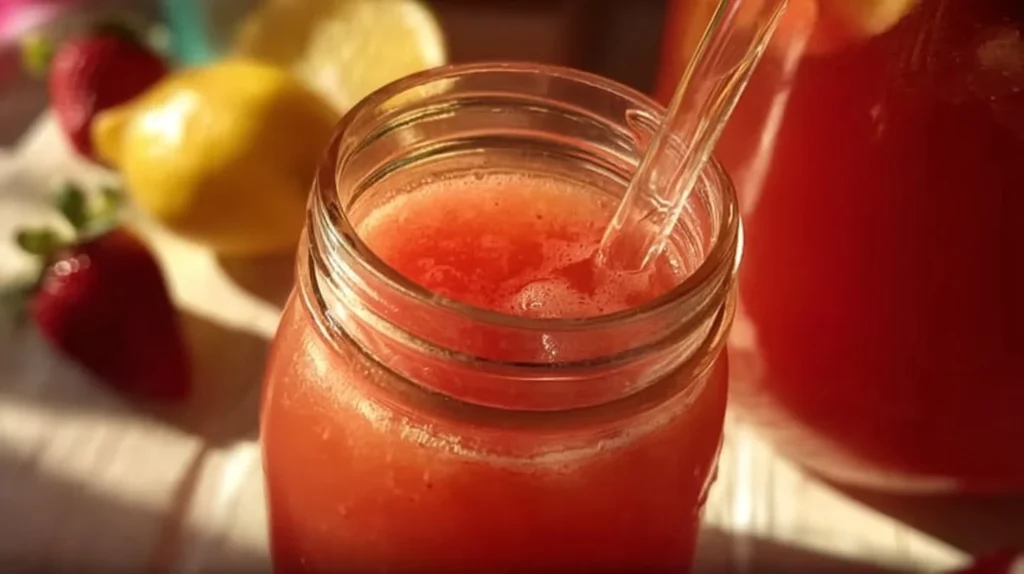 Freshly made easy strawberry lemonade with slices of lemon and strawberries.