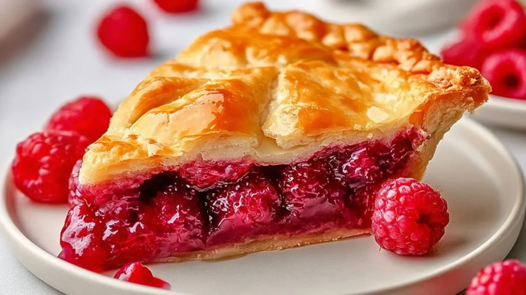 Delicious flaky crust raspberry pie with fresh berries