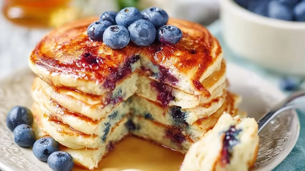 Fluffy blueberry pancakes stacked on a plate, topped with fresh blueberries and syrup.