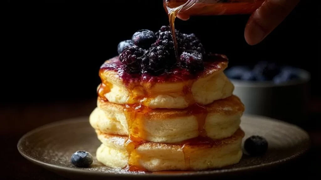 Fluffy Japanese soufflé pancakes stacked high with syrup and fruit garnish