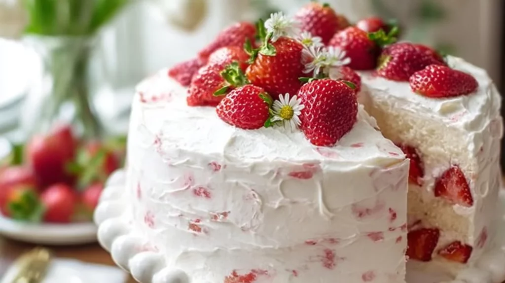 Delicious fresh strawberry cake topped with ripe strawberries and whipped cream