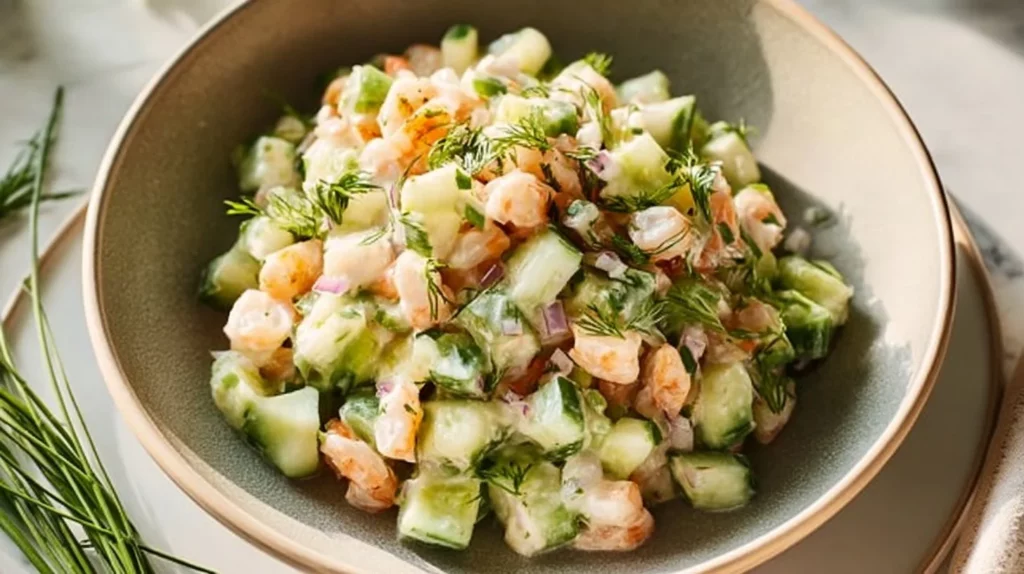 Healthy cucumber shrimp salad with fresh veggies and dressing