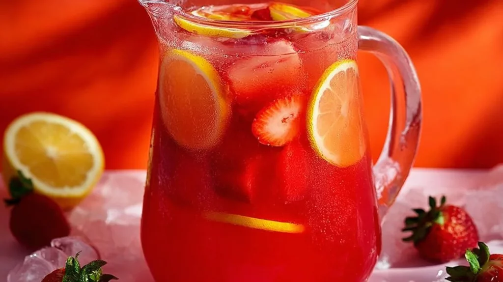 Refreshing homemade strawberry lemonade in a glass with fresh strawberries.