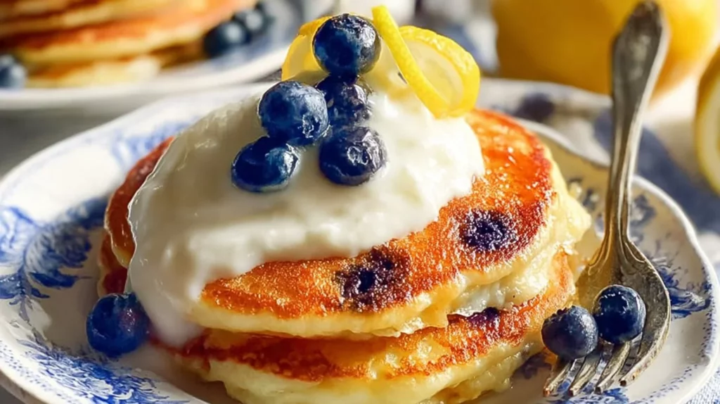 Fluffy lemon blueberry pancakes topped with fresh blueberries and lemon zest.