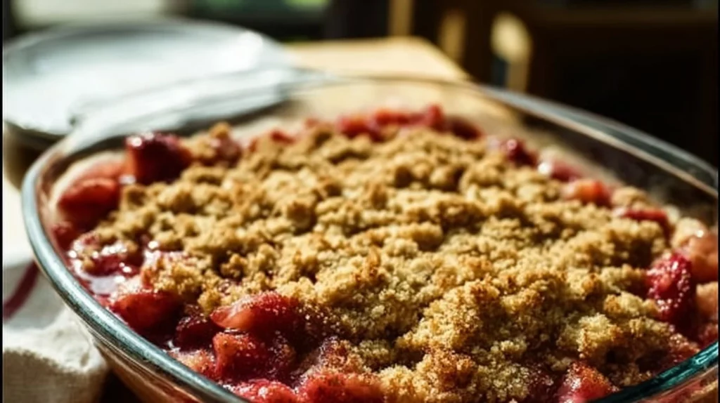 Old-Fashioned Strawberry Rhubarb Crisp served in a rustic dish