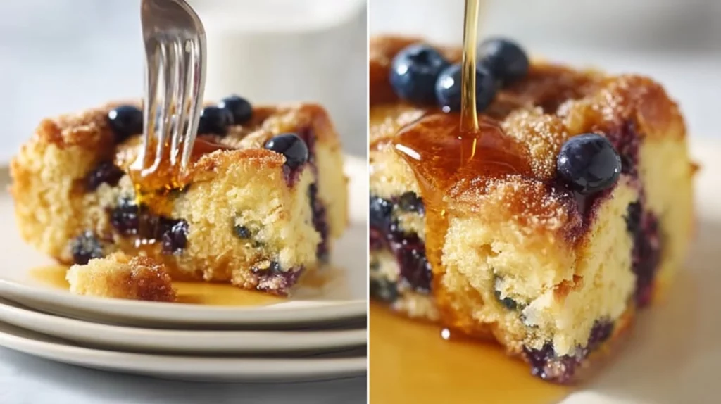 Baked Pancake Casserole topped with syrup and berries on a white plate