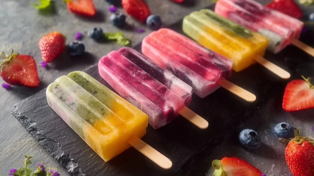 Colorful rainbow fruit popsicles made from fresh fruits for a healthy treat.