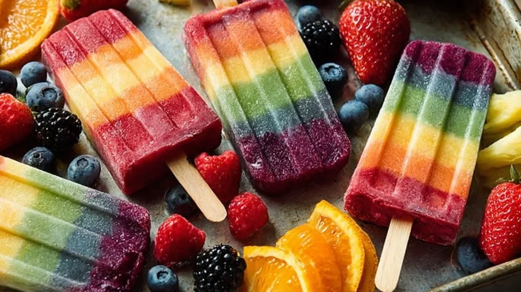 Colorful rainbow popsicles in vibrant shades arranged on a platter
