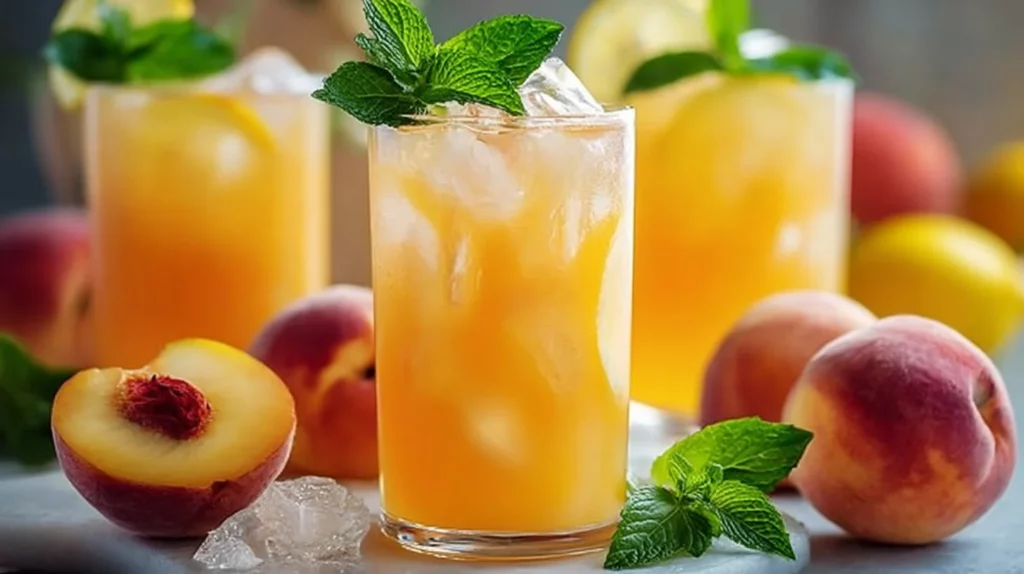 Glass of refreshing peach lemonade with fresh peaches and lemon slices