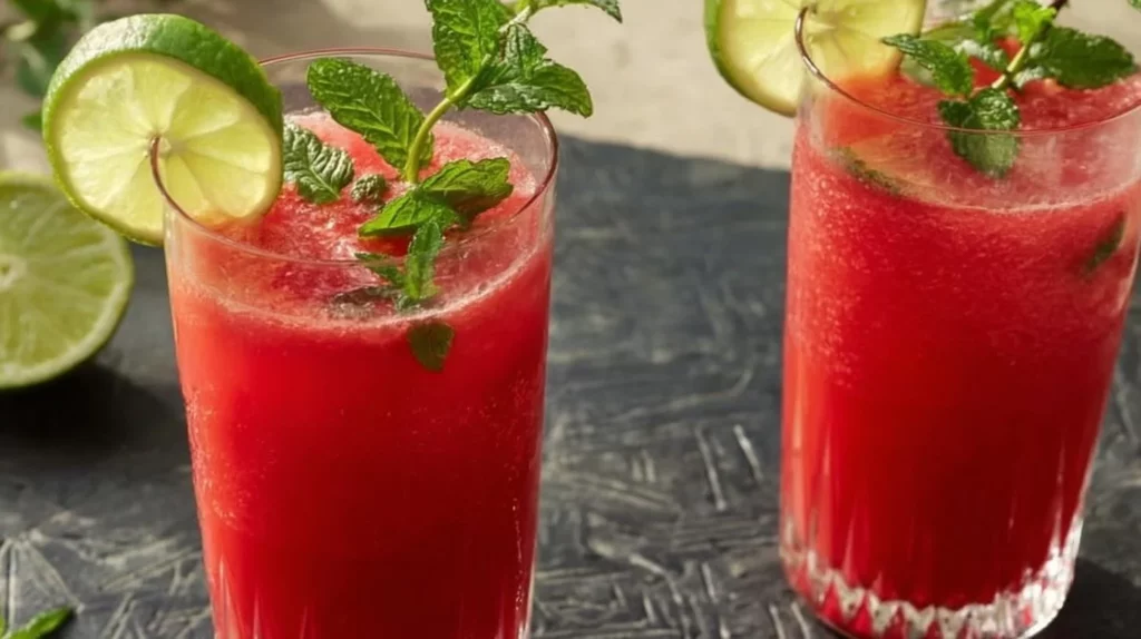 Glass of refreshing watermelon juice with mint garnish