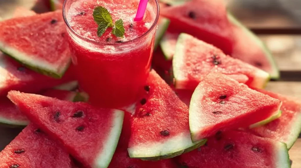 Refreshing homemade watermelon juice in a clear glass with ice.