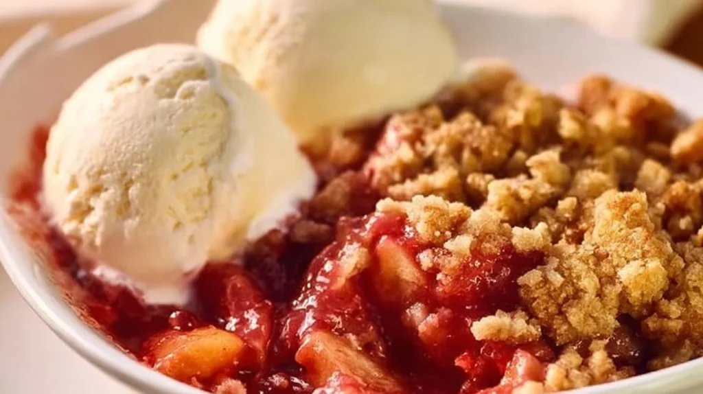 Delicious rhubarb crisp dessert with a golden crumb topping