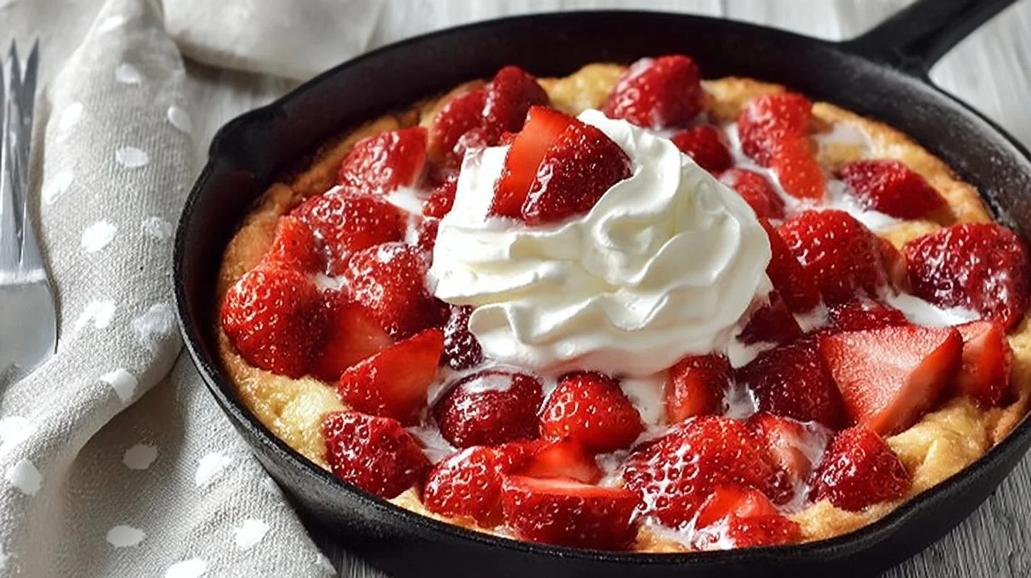 Skillet strawberry shortcake with fresh strawberries and whipped cream