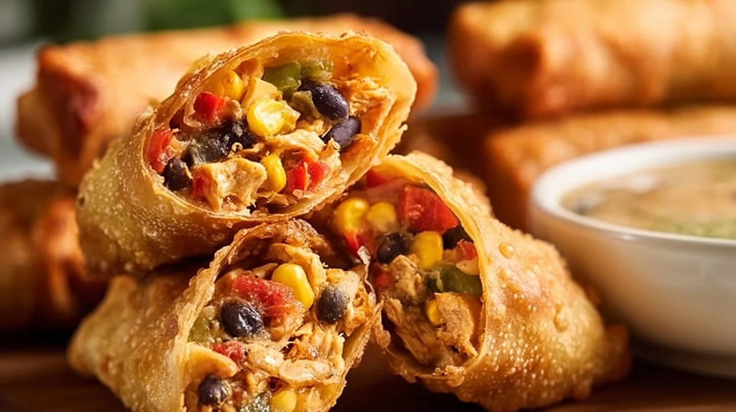 Plate of crispy Southwest Chicken Egg Rolls with dipping sauce