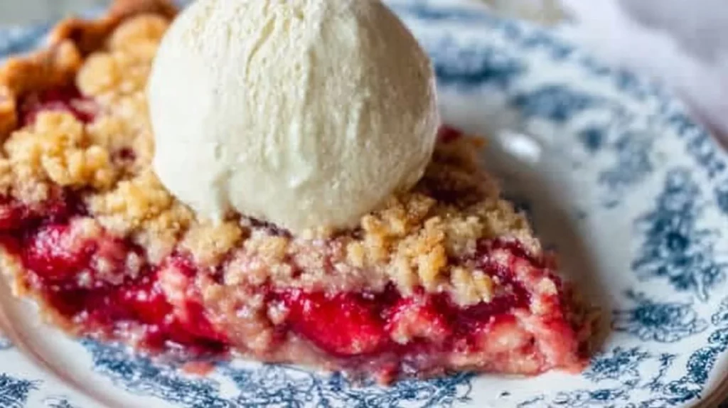Delicious strawberry crumble pie topped with fresh strawberries and crumble.