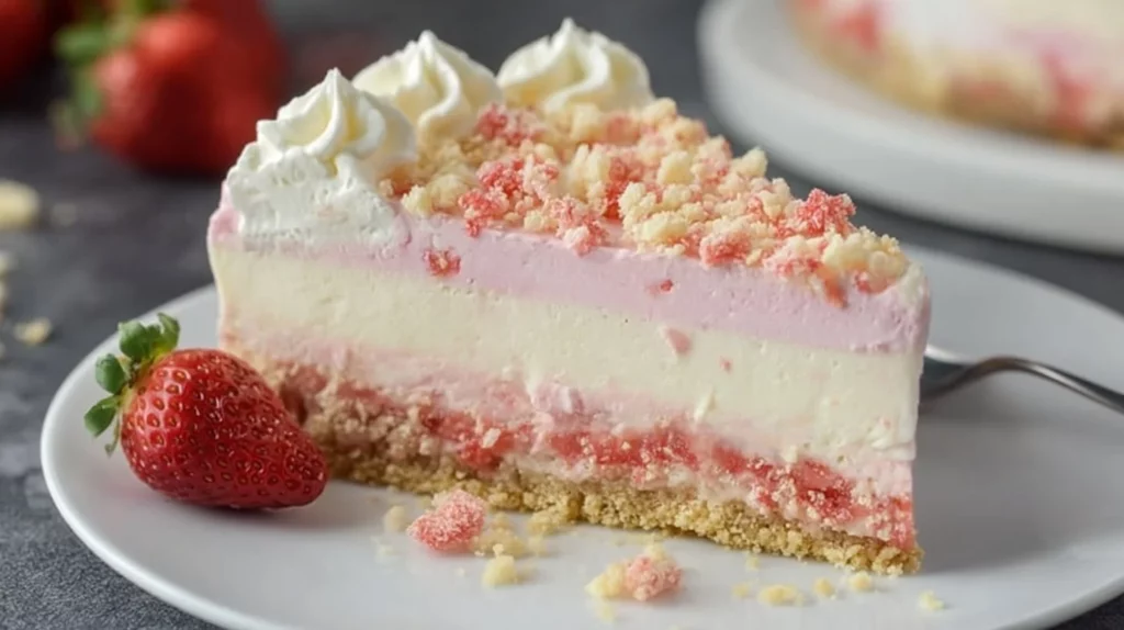 Delicious Strawberry Crunch Cheesecake with fresh strawberries and a crunchy topping