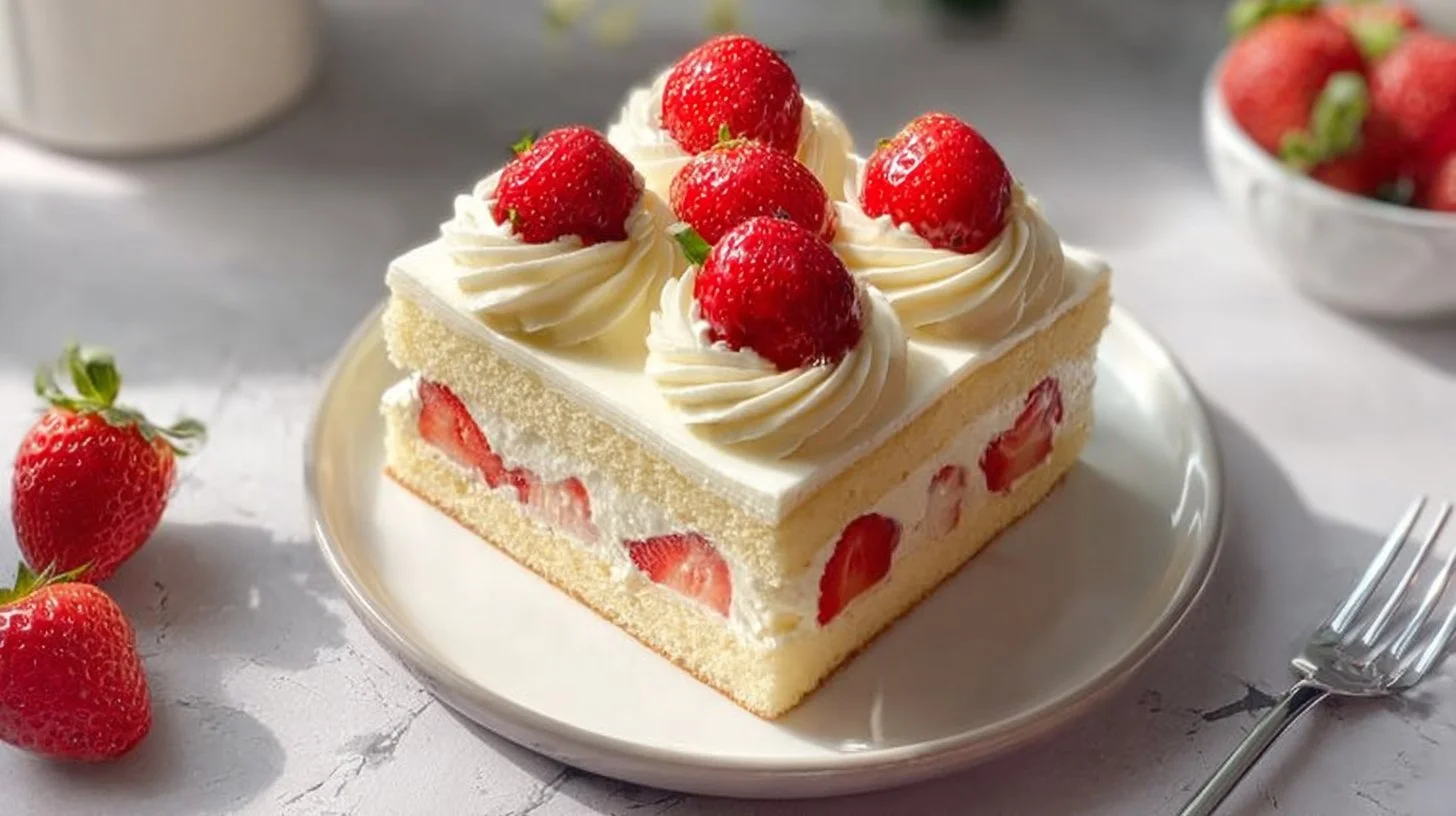 A delicious Strawberry Layer Cake with fresh strawberries and cream frosting.